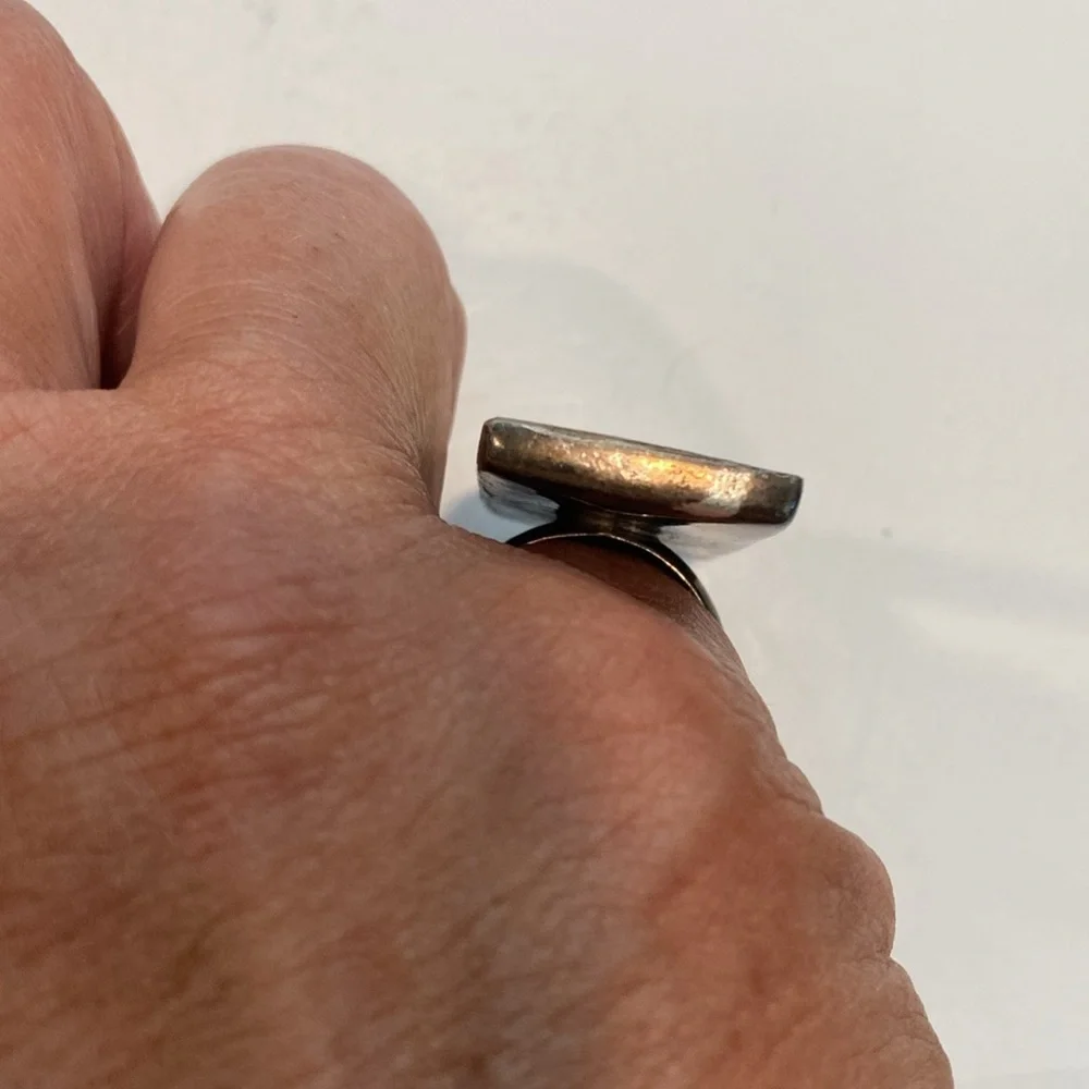 Sterling Backgammon Ring  2” Long Abalone and Sterling Ring